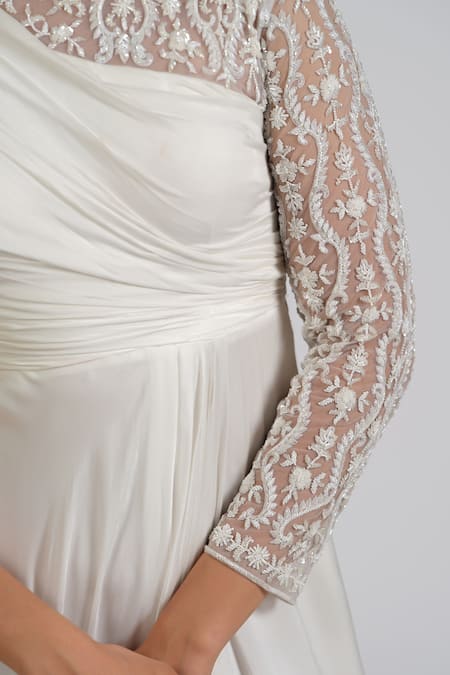 Astha Batra_White Satin, Georgette Embroidery Asymmetric Draped Gown _at_Aza_Fashions