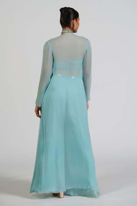 Shop_Astha Batra_Blue Georgette, Chiffon Embroidery Halter Neck Hand Cape And Palazzo Set _at_Aza_Fashions