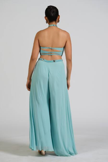Astha Batra_Blue Georgette, Chiffon Embroidery Halter Neck Hand Cape And Palazzo Set _Online_at_Aza_Fashions