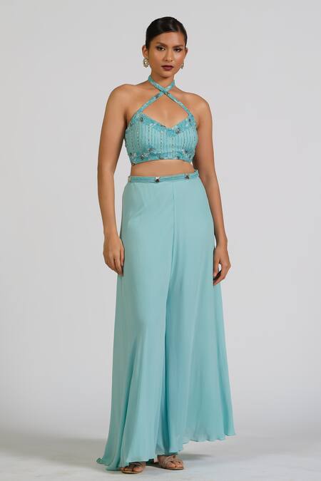 Buy_Astha Batra_Blue Georgette, Chiffon Embroidery Halter Neck Hand Cape And Palazzo Set _Online_at_Aza_Fashions