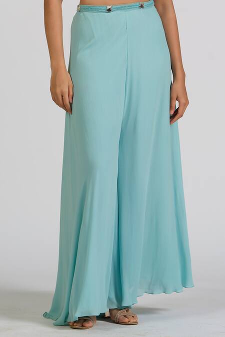 Shop_Astha Batra_Blue Georgette, Chiffon Embroidery Halter Neck Hand Cape And Palazzo Set _Online_at_Aza_Fashions