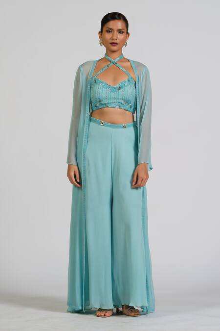 Astha Batra_Blue Georgette, Chiffon Embroidery Halter Neck Hand Cape And Palazzo Set _at_Aza_Fashions