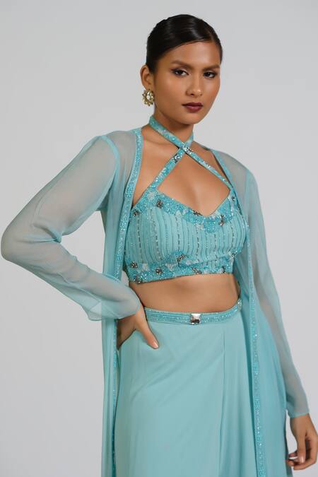 Buy_Astha Batra_Blue Georgette, Chiffon Embroidery Halter Neck Hand Cape And Palazzo Set 