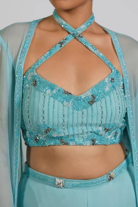 Shop_Astha Batra_Blue Georgette, Chiffon Embroidery Halter Neck Hand Cape And Palazzo Set 