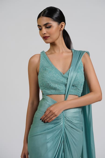 Astha Batra_Blue Satin, Georgette Embroidery V-neck Center Drape Saree Gown _Online_at_Aza_Fashions