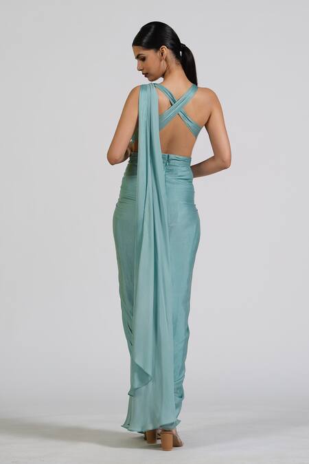 Shop_Astha Batra_Blue Satin, Georgette Embroidery V-neck Center Drape Saree Gown _at_Aza_Fashions