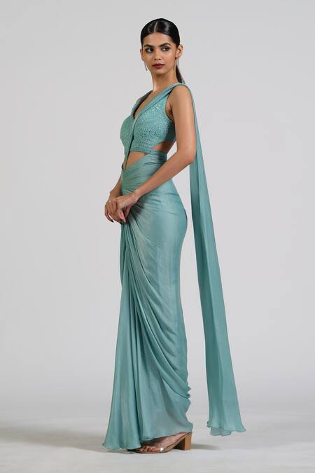 Buy_Astha Batra_Blue Satin, Georgette Embroidery V-neck Center Drape Saree Gown _Online_at_Aza_Fashions