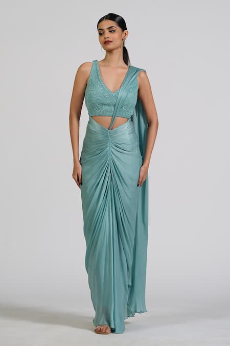 Astha Batra_Blue Satin, Georgette Embroidery V-neck Center Drape Saree Gown _at_Aza_Fashions