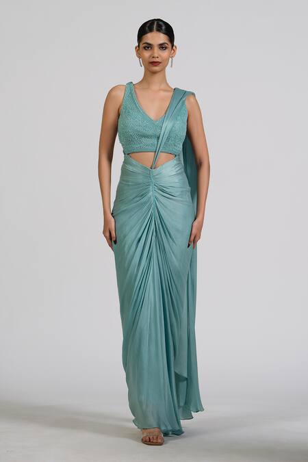 Buy_Astha Batra_Blue Satin, Georgette Embroidery V-neck Center Drape Saree Gown 