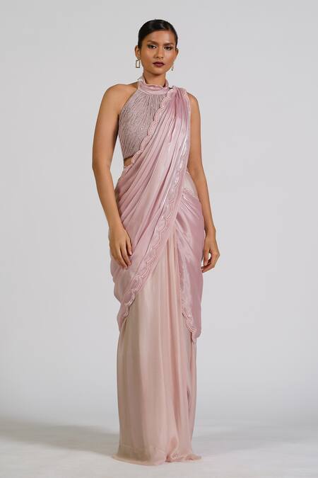 Astha Batra_Pink Organza, Satin, Georgette Embroidery Round Neck Elora Haze Drape Saree Set _Online_at_Aza_Fashions
