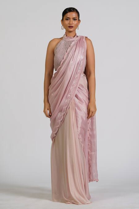 Shop_Astha Batra_Pink Organza, Satin, Georgette Embroidery Round Neck Elora Haze Drape Saree Set _Online_at_Aza_Fashions