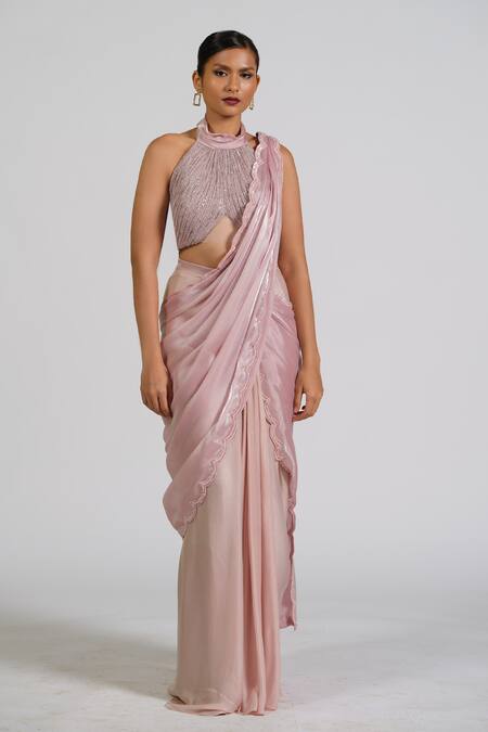 Astha Batra_Pink Organza, Satin, Georgette Embroidery Round Neck Elora Haze Drape Saree Set _at_Aza_Fashions