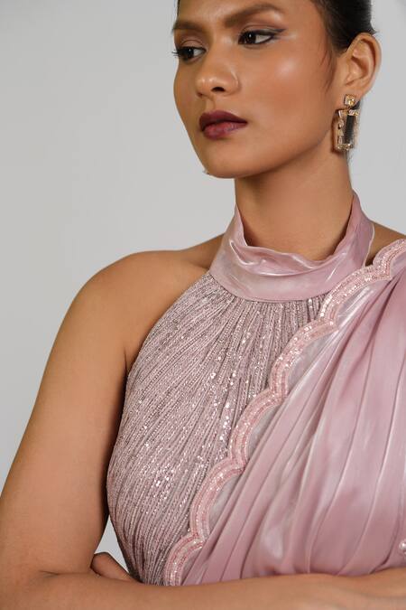 Buy_Astha Batra_Pink Organza, Satin, Georgette Embroidery Round Neck Elora Haze Drape Saree Set 