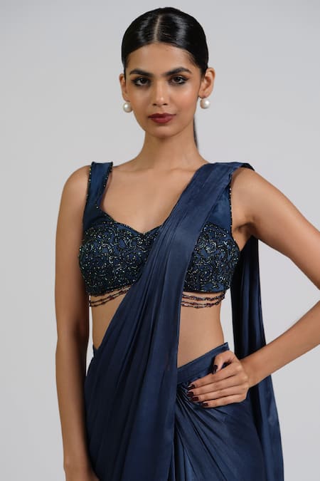 Astha Batra_Blue Satin, Georgette Embroidery Round Neck Embellished Voila Drape Saree Set _Online_at_Aza_Fashions
