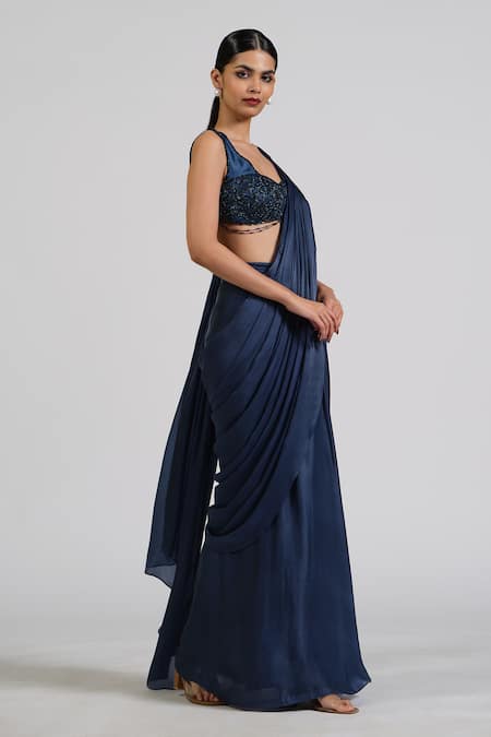 Buy_Astha Batra_Blue Satin, Georgette Embroidery Round Neck Embellished Voila Drape Saree Set _Online_at_Aza_Fashions