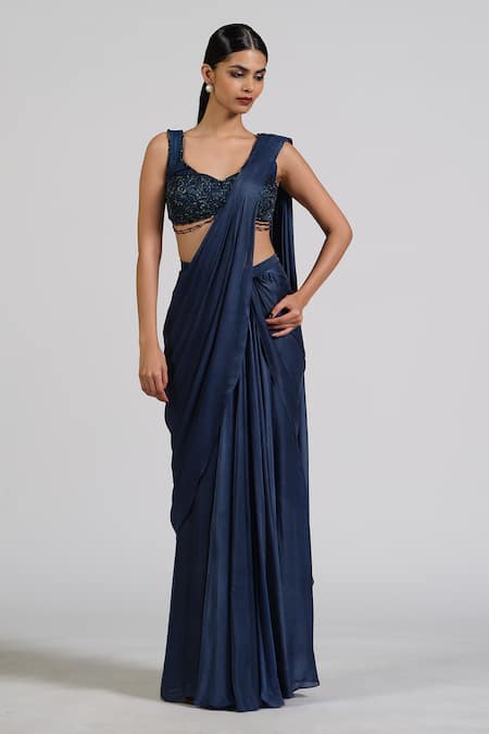 Shop_Astha Batra_Blue Satin, Georgette Embroidery Round Neck Embellished Voila Drape Saree Set _Online_at_Aza_Fashions