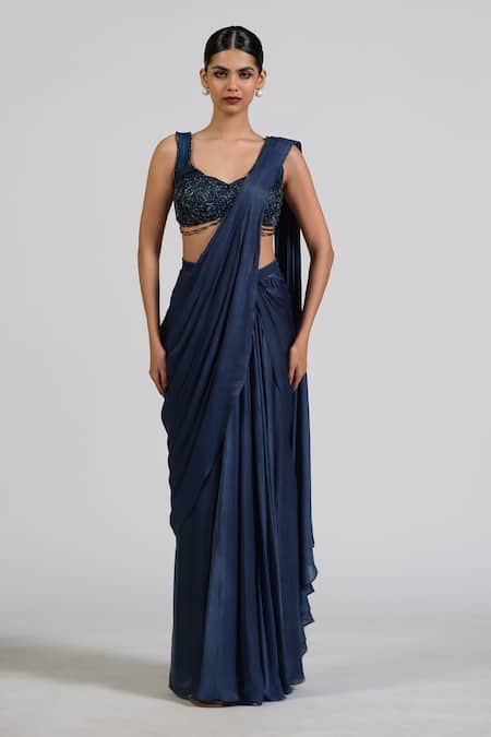 Astha Batra Embellished Blue Voila Drape Saree Set 