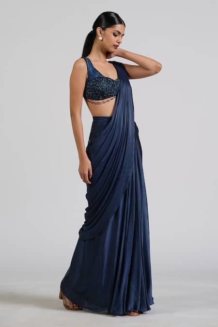Astha Batra_Blue Satin, Georgette Embroidery Round Neck Embellished Voila Drape Saree Set _at_Aza_Fashions