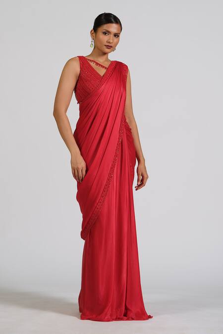 Astha Batra_Red Satin, Georgette Embroidery V-neck Cosmic Zen Drape Saree Set _Online_at_Aza_Fashions