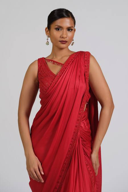 Buy_Astha Batra_Red Satin, Georgette Embroidery V-neck Cosmic Zen Drape Saree Set _Online_at_Aza_Fashions