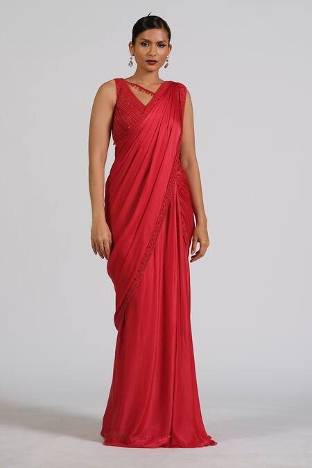 Shop_Astha Batra_Red Satin, Georgette Embroidery V-neck Cosmic Zen Drape Saree Set _Online_at_Aza_Fashions