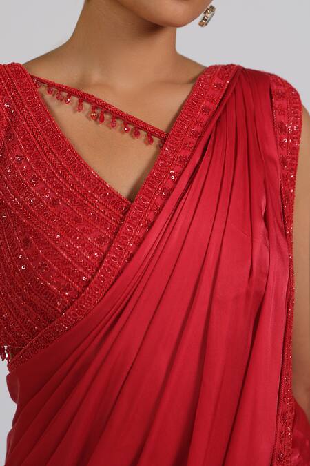 Astha Batra_Red Satin, Georgette Embroidery V-neck Cosmic Zen Drape Saree Set _at_Aza_Fashions