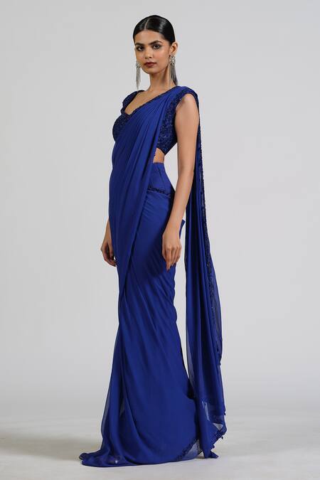 Astha Batra_Blue Georgette Embroidery, Sequins Round Neck Embellished Pre-draped Saree _Online_at_Aza_Fashions