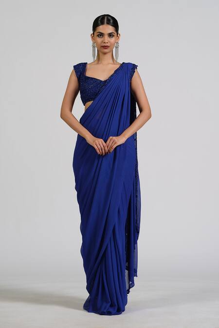 Buy_Astha Batra_Blue Georgette Embroidery, Sequins Round Neck Embellished Pre-draped Saree _Online_at_Aza_Fashions