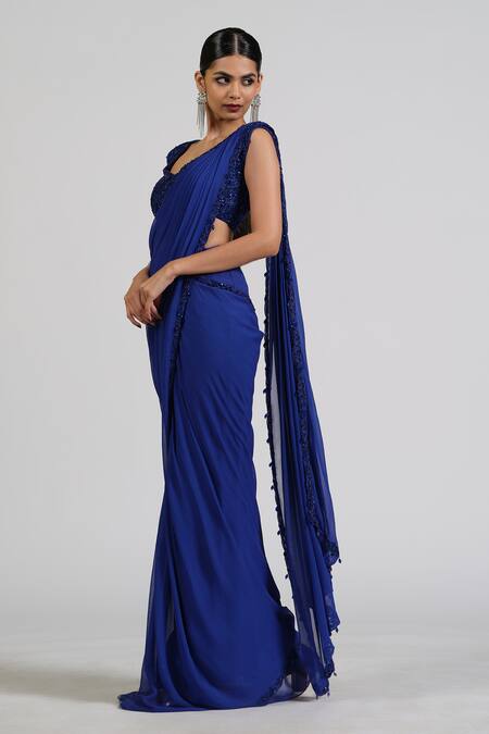 Shop_Astha Batra_Blue Georgette Embroidery, Sequins Round Neck Embellished Pre-draped Saree _Online_at_Aza_Fashions
