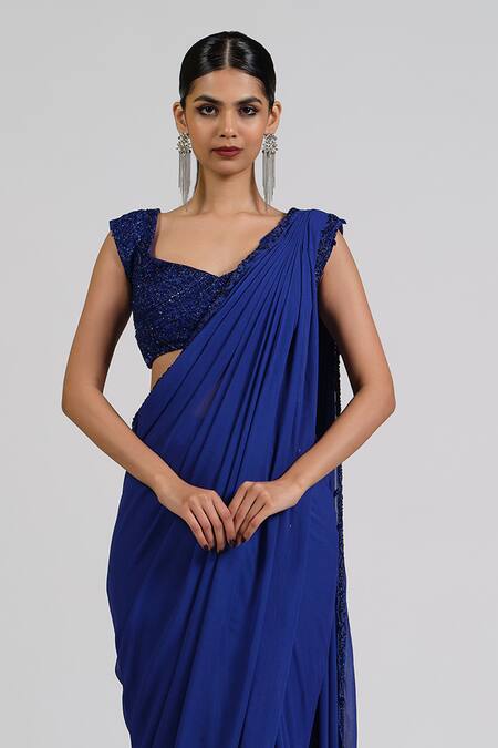 Astha Batra_Blue Georgette Embroidery, Sequins Round Neck Embellished Pre-draped Saree _at_Aza_Fashions