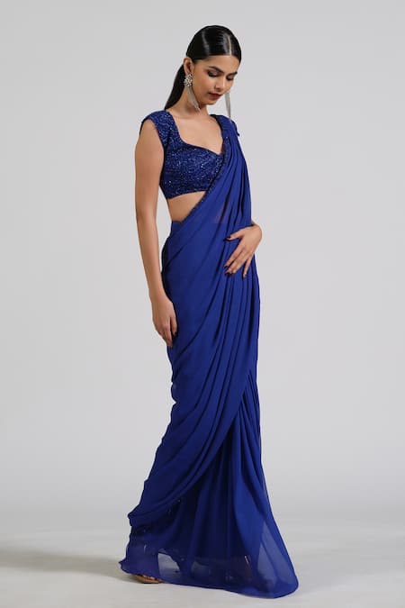 Astha Batra Embellished Blue Georgette Pre-Draped Saree 