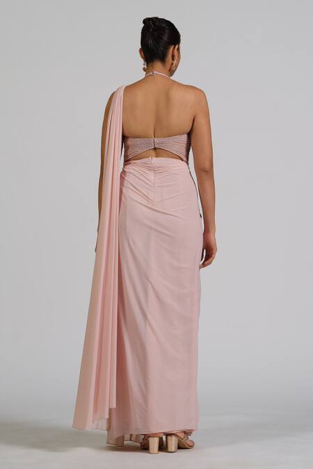 Shop_Astha Batra_Pink Lycra, Net Embroidery Stacy Drape Saree Gown _at_Aza_Fashions