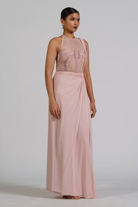 Astha Batra_Pink Lycra, Net Embroidery Stacy Drape Saree Gown _Online_at_Aza_Fashions