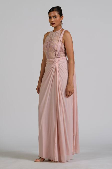 Buy_Astha Batra_Pink Lycra, Net Embroidery Stacy Drape Saree Gown _Online_at_Aza_Fashions