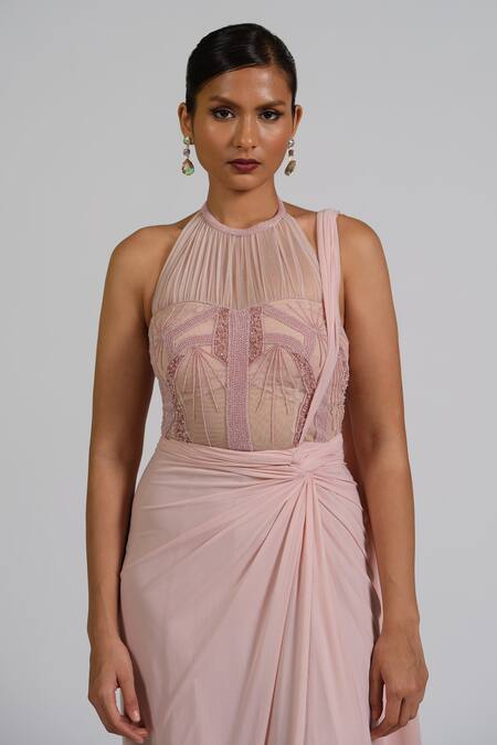 Shop_Astha Batra_Pink Lycra, Net Embroidery Stacy Drape Saree Gown _Online_at_Aza_Fashions