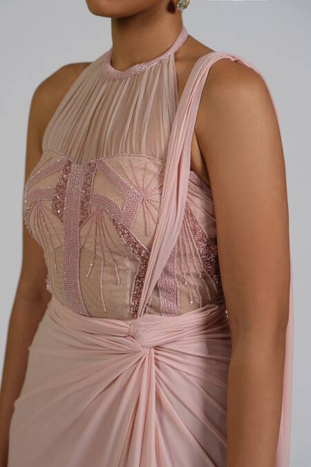 Astha Batra_Pink Lycra, Net Embroidery Stacy Drape Saree Gown _at_Aza_Fashions