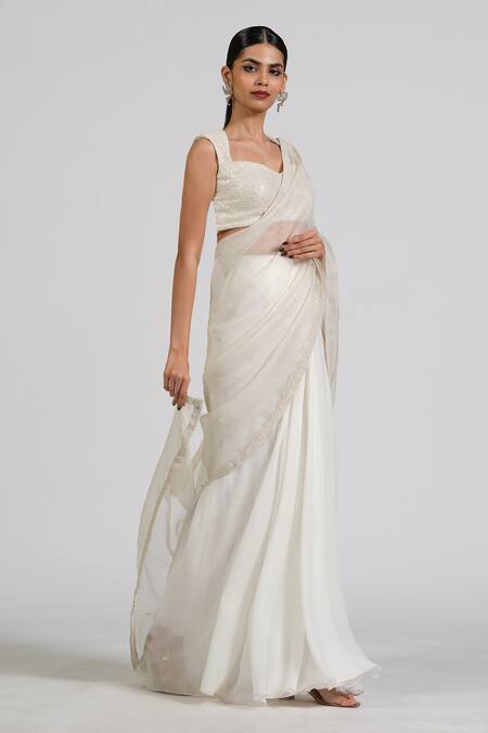 Astha Batra_White Organza, Satin, Georgette Studs, Designer Zorba Tissue Drape Saree Set _Online_at_Aza_Fashions
