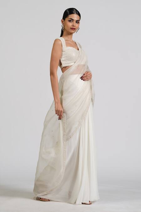 Buy_Astha Batra_White Organza, Satin, Georgette Studs, Designer Zorba Tissue Drape Saree Set _Online_at_Aza_Fashions
