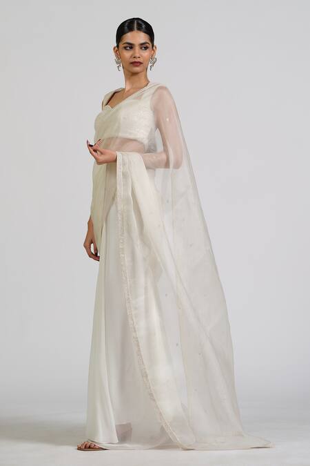 Shop_Astha Batra_White Organza, Satin, Georgette Studs, Designer Zorba Tissue Drape Saree Set _Online_at_Aza_Fashions