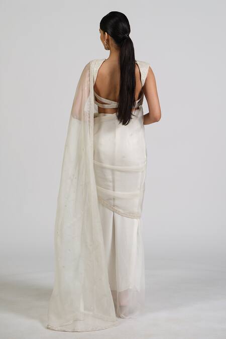 Shop_Astha Batra_White Organza, Satin, Georgette Studs, Designer Zorba Tissue Drape Saree Set _at_Aza_Fashions