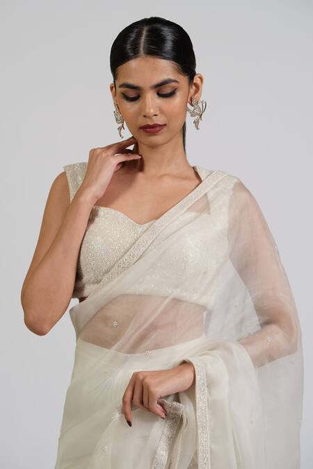 Astha Batra_White Organza, Satin, Georgette Studs, Designer Zorba Tissue Drape Saree Set _at_Aza_Fashions