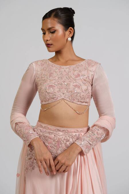 Astha Batra_Pink Satin, Georgette, Net Embroidery Boat Embellished Drape Skirt Lehenga Set _Online_at_Aza_Fashions