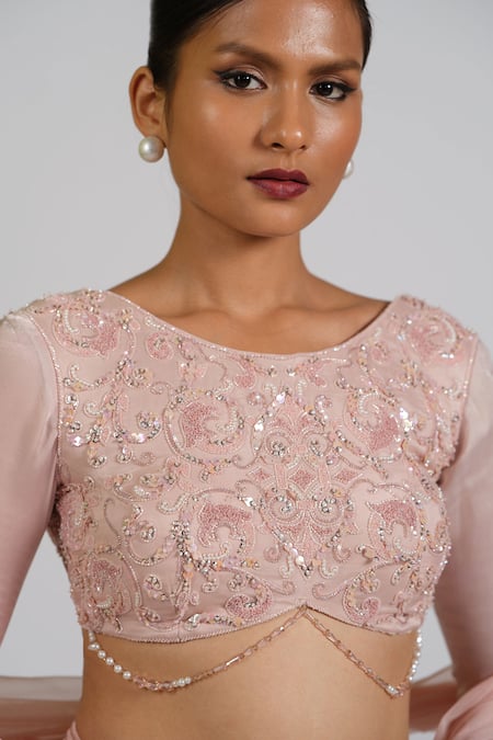 Buy_Astha Batra_Pink Satin, Georgette, Net Embroidery Boat Embellished Drape Skirt Lehenga Set _Online_at_Aza_Fashions