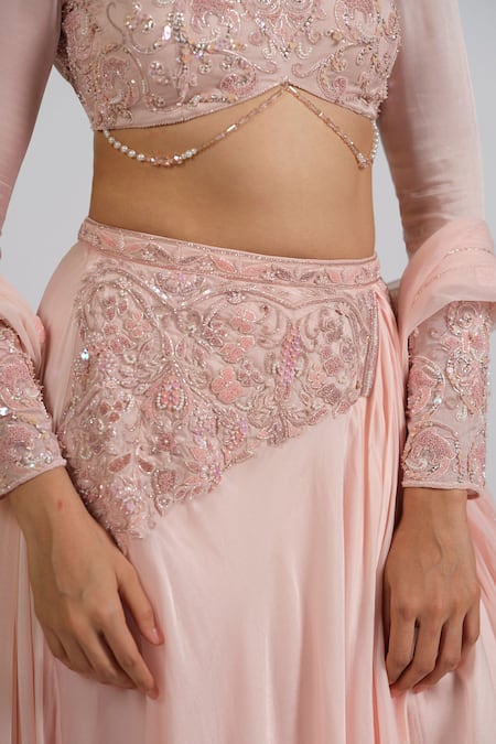 Shop_Astha Batra_Pink Satin, Georgette, Net Embroidery Boat Embellished Drape Skirt Lehenga Set _Online_at_Aza_Fashions