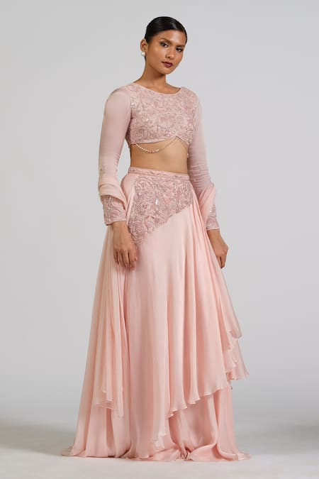 Astha Batra_Pink Satin, Georgette, Net Embroidery Boat Embellished Drape Skirt Lehenga Set _at_Aza_Fashions