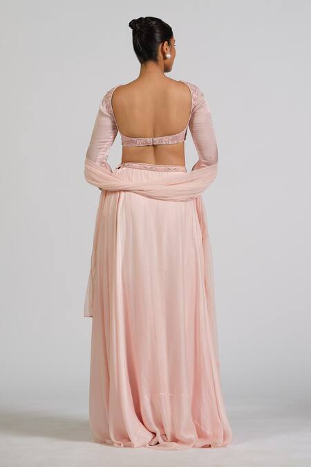 Shop_Astha Batra_Pink Satin, Georgette, Net Embroidery Boat Embellished Drape Skirt Lehenga Set _at_Aza_Fashions