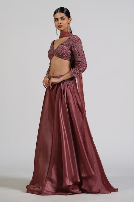 Astha Batra_Maroon Satin, Net Embroidery, Sequins V-neck Tissue Drape Lehenga Set _Online_at_Aza_Fashions