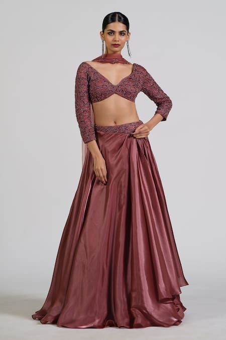 Buy_Astha Batra_Maroon Satin, Net Embroidery, Sequins V-neck Tissue Drape Lehenga Set _Online_at_Aza_Fashions