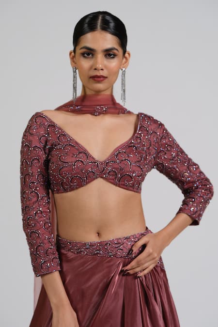 Shop_Astha Batra_Maroon Satin, Net Embroidery, Sequins V-neck Tissue Drape Lehenga Set _Online_at_Aza_Fashions