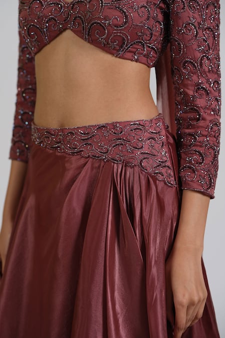 Astha Batra_Maroon Satin, Net Embroidery, Sequins V-neck Tissue Drape Lehenga Set _at_Aza_Fashions